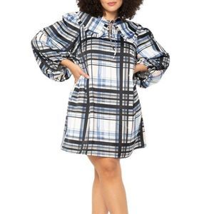 Eloquii Blue Black White Plaid Collard School Girl Puff Sleeve Work Dress Sz 18